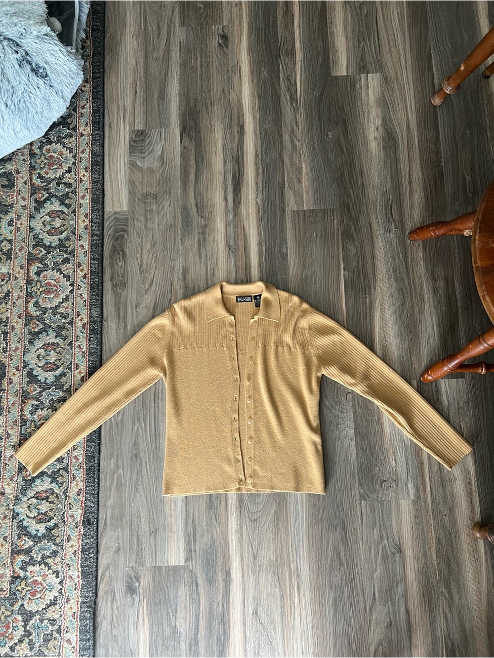 Ribbed Button-Front Collar Cardigan in Tan